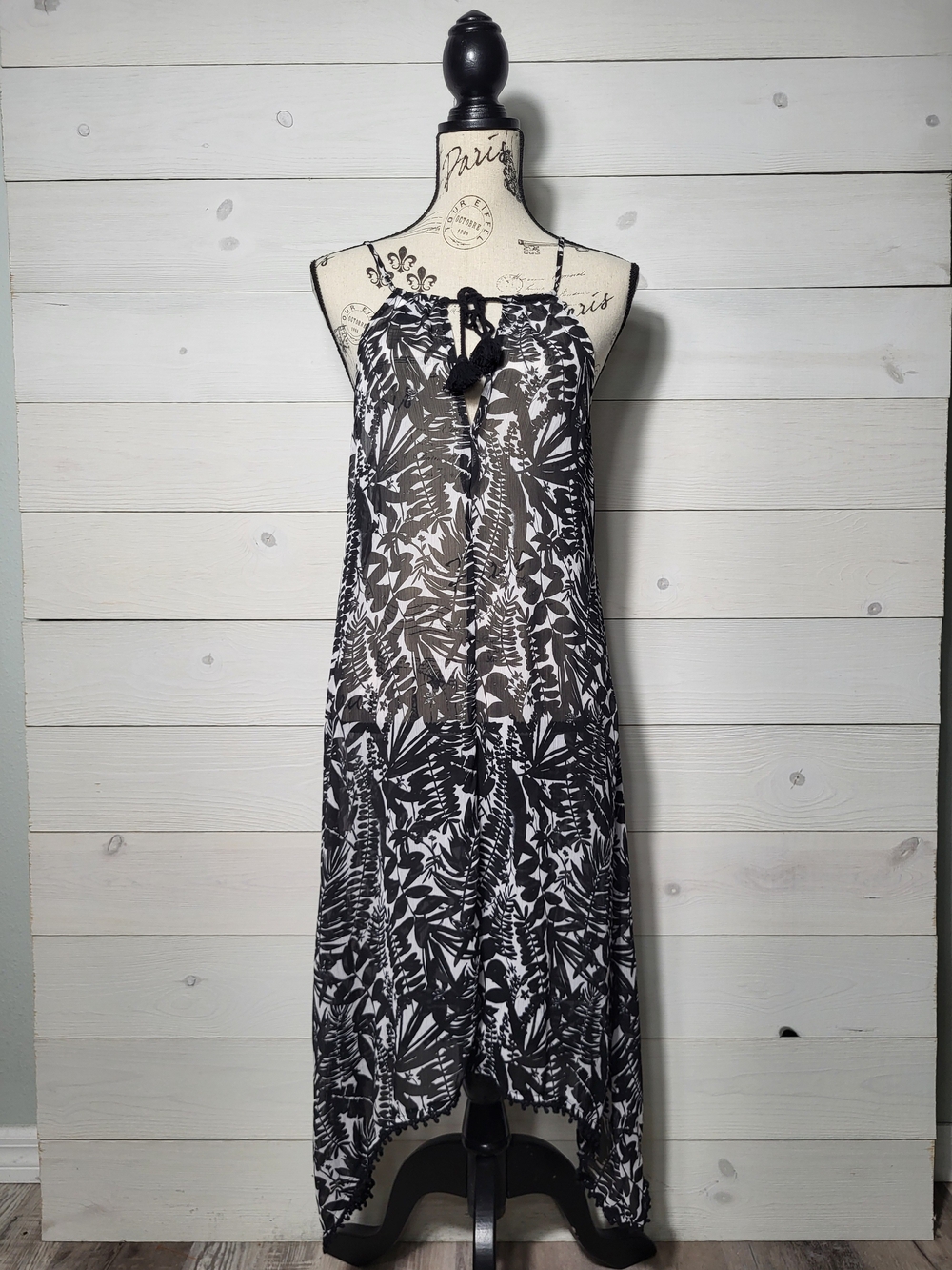 Old Navy Dress Tropical Halter Sheer Midi Maxi Asymetrical Pom Hem Beachy.